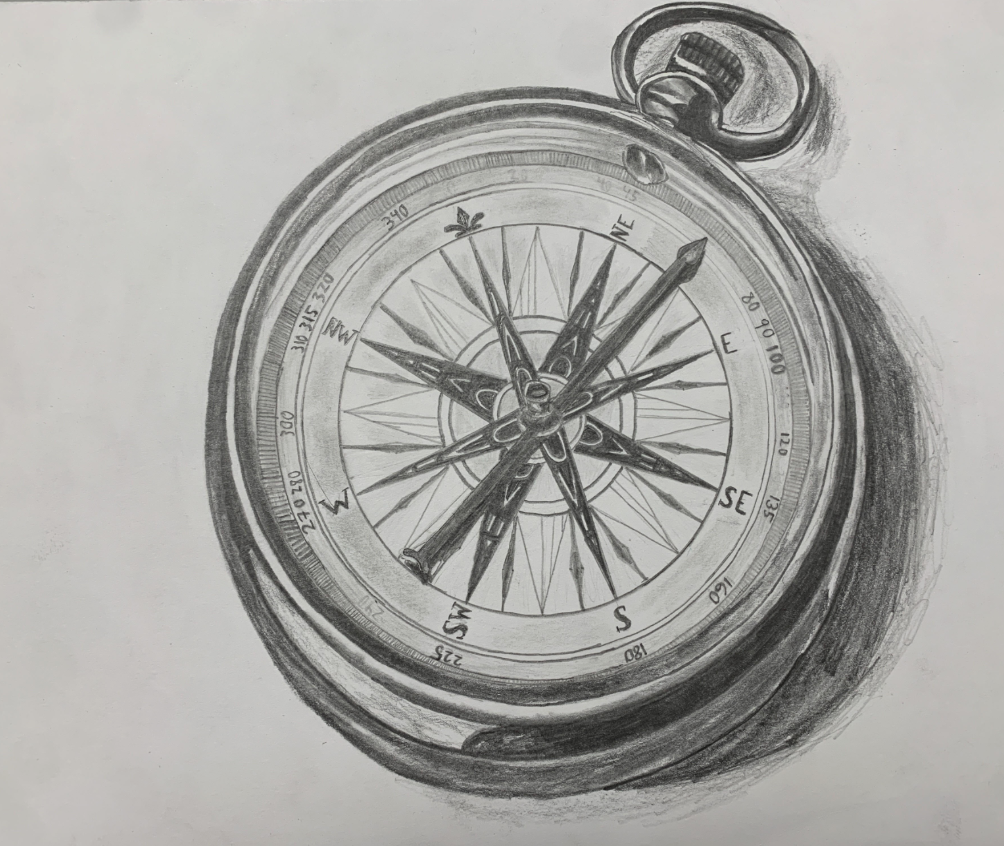 Detailed pencil sketch of a vintage compass showing cardinal directions with intricate shading and a metallic ring.