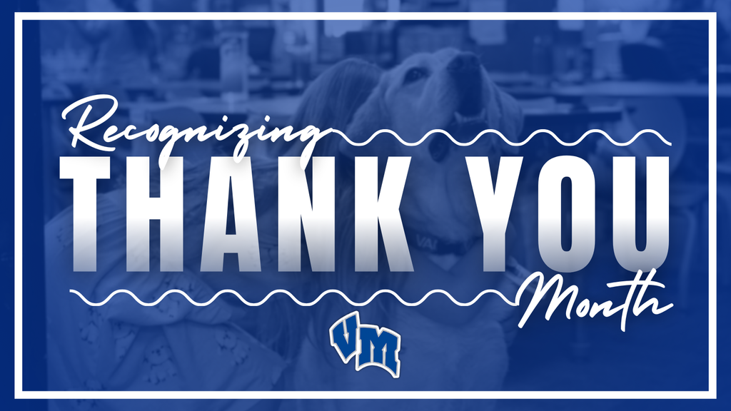 Bold text 'Thank You Month' over a background of a smiling dog and person, highlighting appreciation from Van Meter Schools.