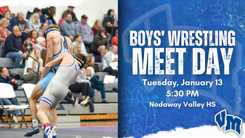 Two high school wrestlers compete intensely in a gymnasium filled with spectators during a wrestling meet. Van Meter Boy's Wrestling Meet Day on Tuesday, January 13, starting at 5:30 PM, at Nodaway Valley HS.