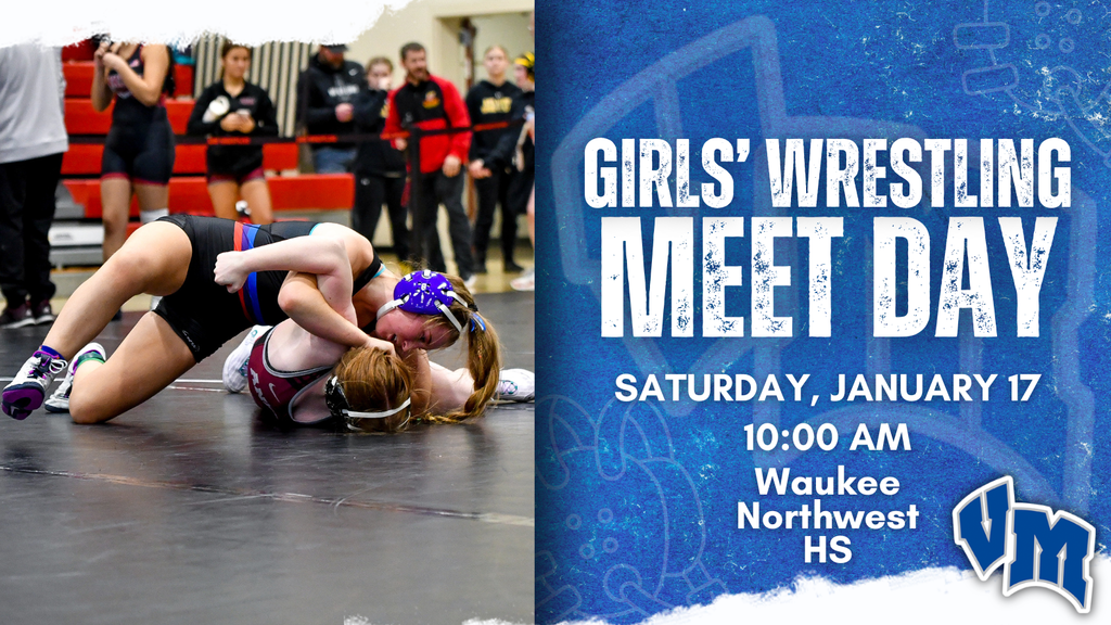 Two female wrestlers, one Van Meter student, compete intensely on a mat during a high school wrestling match with spectators in the background. Girls' Wrestling Meet Day on Saturday, January 17, starting at 10:00 AM at Waukee Northwest HS.