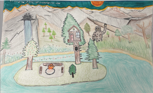A colorful drawing of a forest island with a campfire, treehouse, tall trees, a river, mountains, and a Bigfoot figure waving in the background.