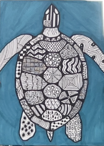 Black and white patterned turtle illustration with intricate geometric and organic designs on a blue background.