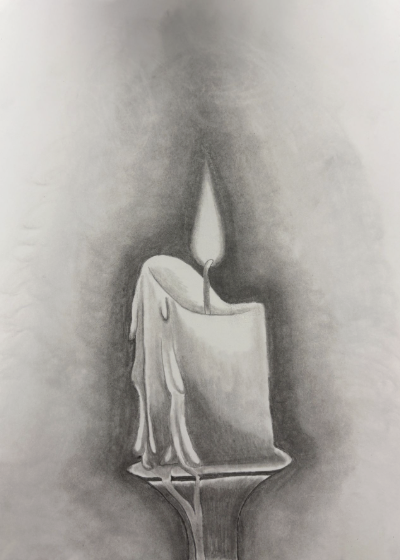 A detailed pencil sketch of a lit candle with melting wax dripping down its sides on a holder against a smoky background.