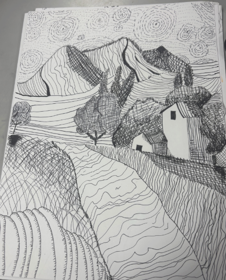 Black and white pen drawing of a rural landscape with mountains, swirling sky, trees, and two houses on a hillside.