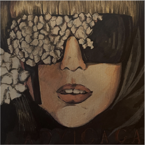 Close-up of a dark-toned painting featuring white hydrangea flowers against a textured background with hints of brown and black.