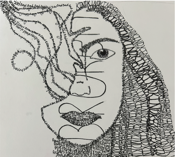 Abstract face portrait created entirely from handwritten words and letters in black ink on white background.