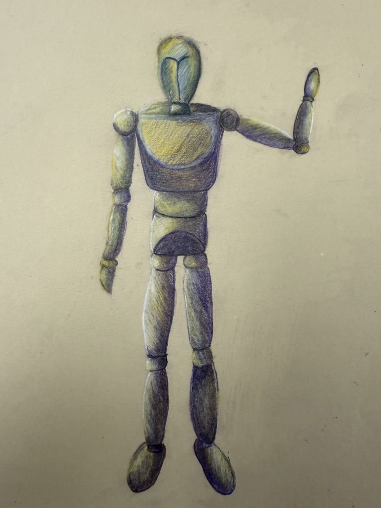 Hand-drawn wooden artist mannequin standing upright with right arm raised and palm facing outward on a plain background.
