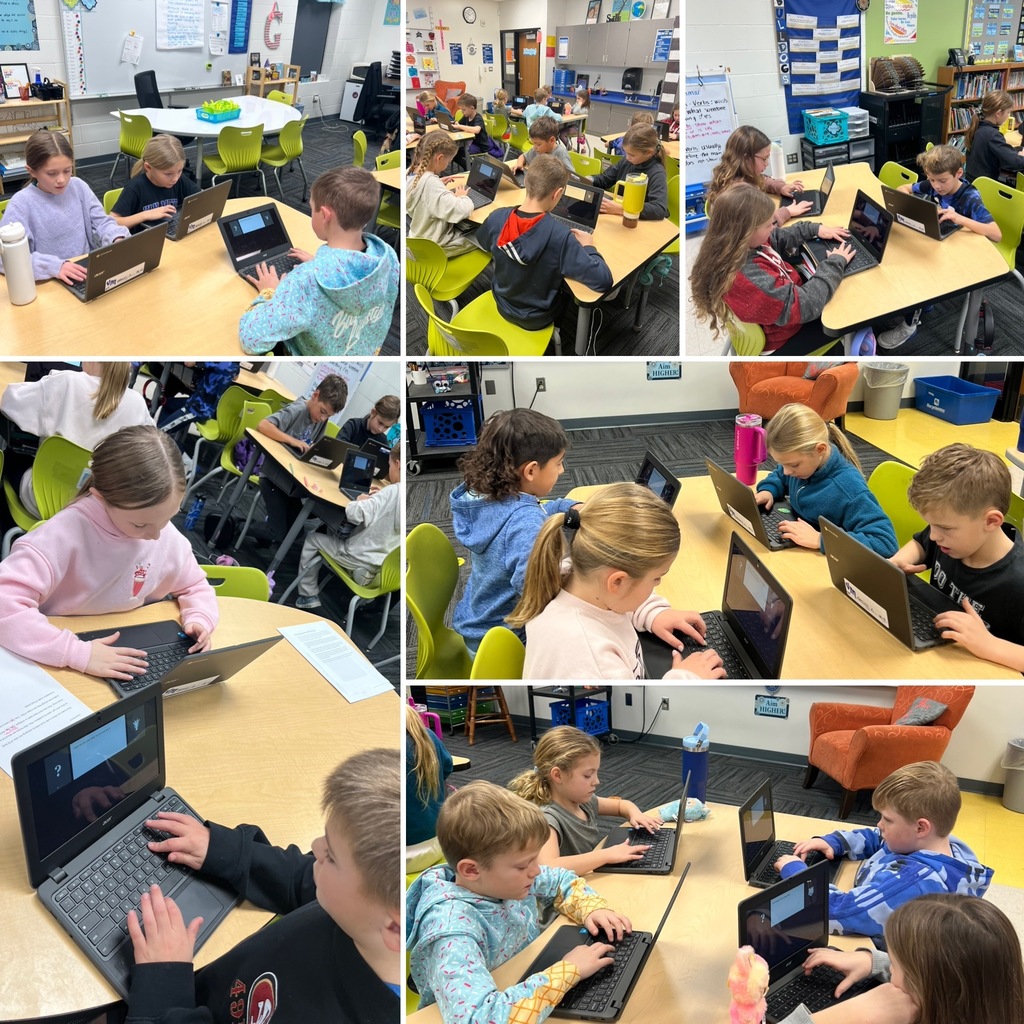 Collage of third grade students focused on using laptops in a colorful classroom setting with educational posters and supplies.