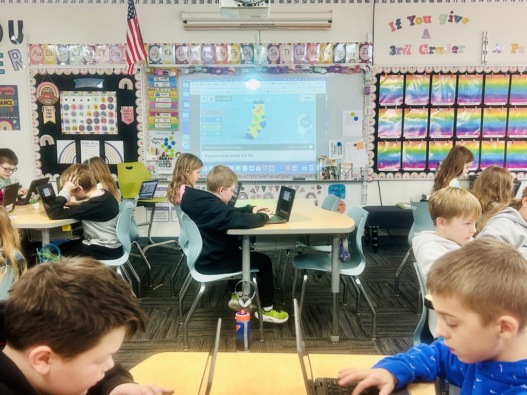 Third grade students sitting in a classroom setting and working on their laptops.