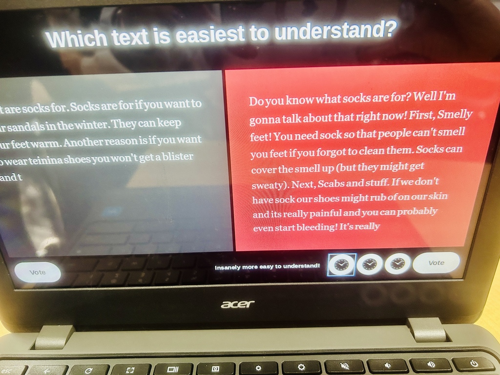 A picture of a laptop screen with text at the top that is asking "Which text is easiest to understand?" Below it is gray and red blocks on the left and right sides with white text.