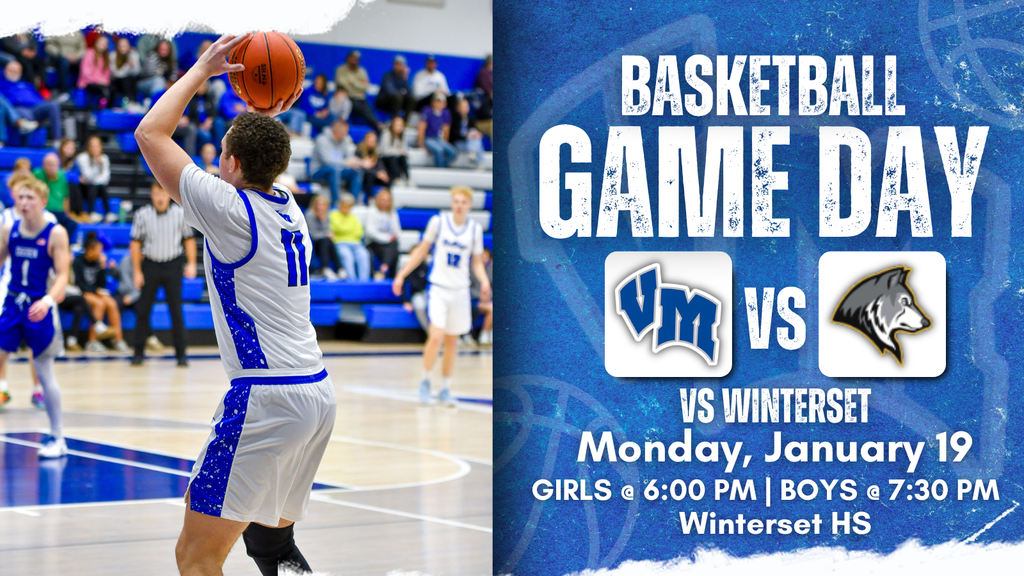 Van Meter CSD High school boys basketball player in white and blue jersey prepares to shoot during a game with spectators in the background. Basketball game day, Van Meter vs Winterset, Monday, January 19.