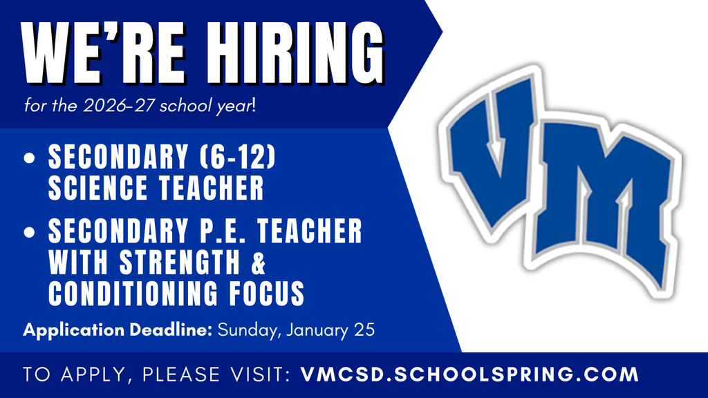 Van Meter hiring announcement for secondary (6-12) science and P.E. teachers with strength and conditioning focus for 2026-27 school year.