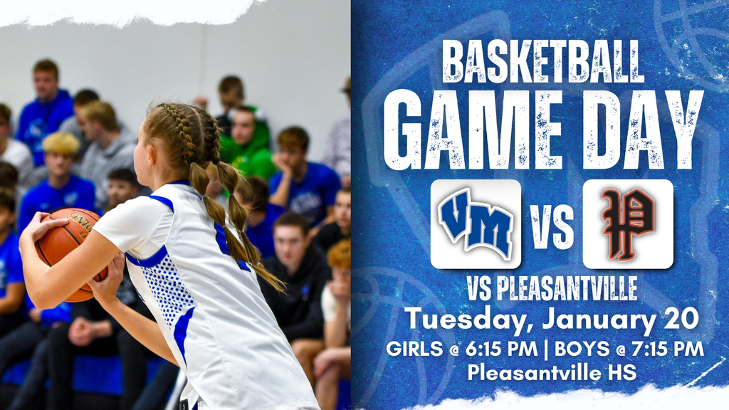 Van Meter girls basketball player in white and blue uniform preparing to pass during a game with spectators in the background. Basketball gameday vs Pleasantville on Tuesday, January 20.