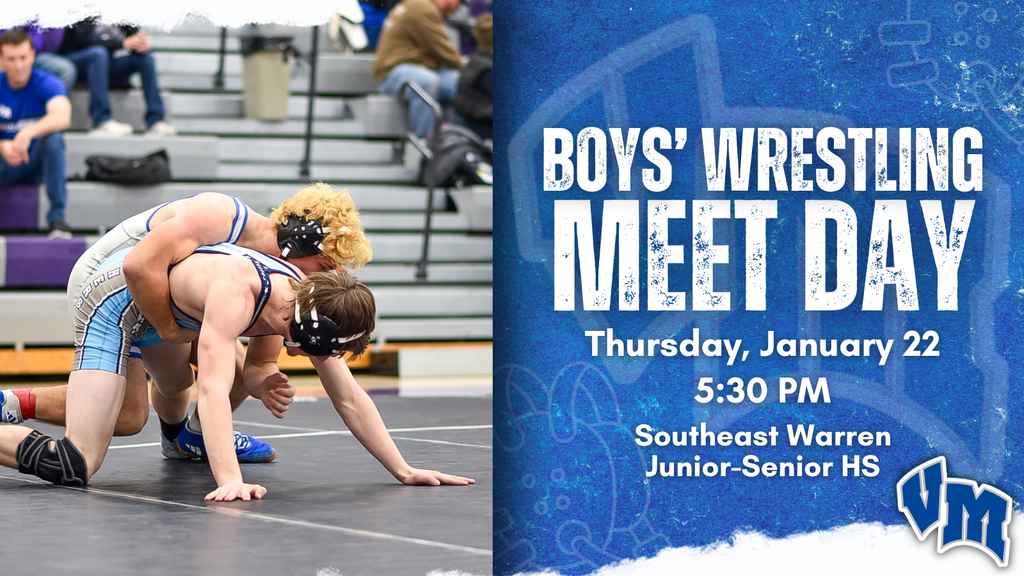 Two high school wrestlers competing on a mat during a match in a gymnasium with spectators in the background. Van Meter Boys' Wrestling Meet Day on Thursday, January 22 at 5:30 PM at Southeast Warren Junior-Senior HS.