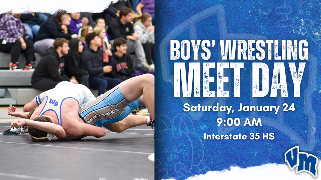 Two boys wrestling on a mat during a match with spectators watching in the background. Boys' Wrestling Meet Day on Saturday, January 24 at 9:00 AM at Interstate 35 HS.