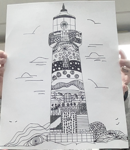 Black and white hand-drawn lighthouse with intricate patterns and surrounding waves and birds on white paper.
