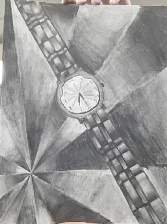 Black and white pencil drawing of a wristwatch with a metal band on a geometric patterned background.