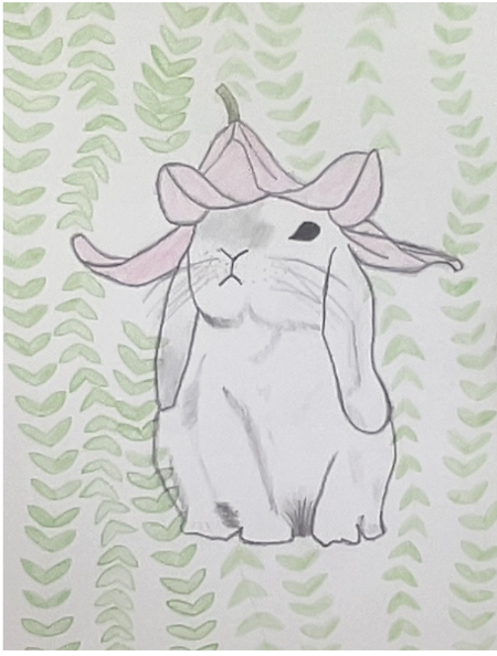 White rabbit with floppy ears wearing a pink flower hat against a backdrop of green leafy vines.
