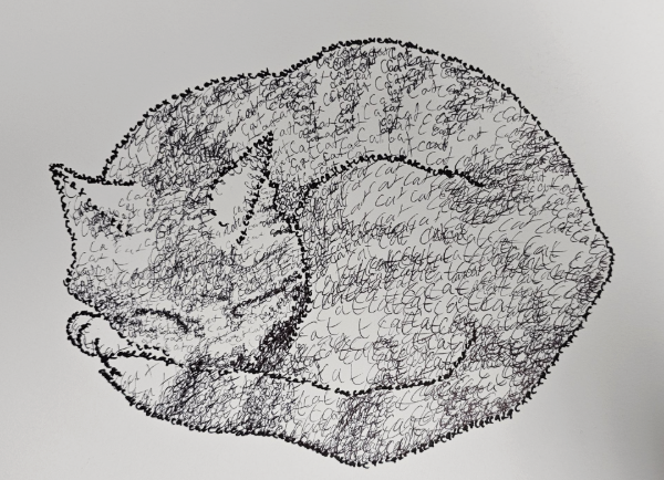 A curled-up cat formed entirely from repeated handwritten words 'Cat' in varying sizes and densities.