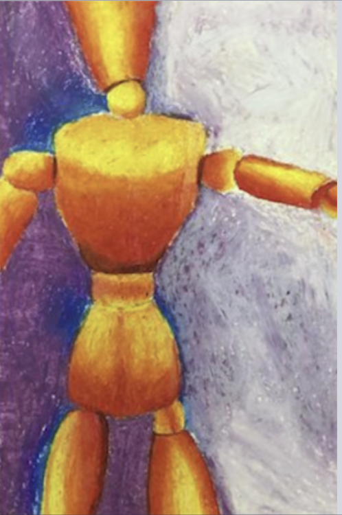 Close-up of a wooden artist mannequin painted in warm yellow and orange tones against a textured purple and white background.