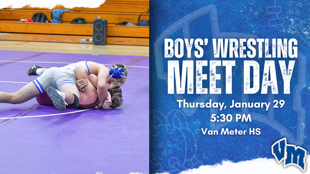 Two high school wrestlers competing on a purple mat during a match in a gymnasium with wooden bleachers in the background. Boys' Wrestling Meet Day on Thursday, January 29, starting at 5:30 PM, at Van Meter HS.