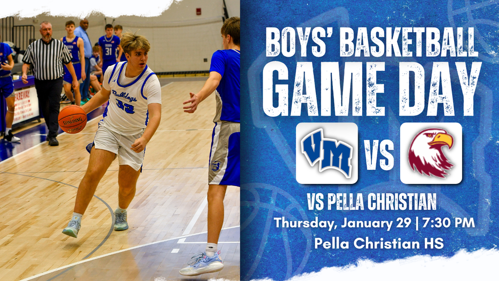 Van Meter high school boys' basketball player dribbling past a defender during a game in a gymnasium. Boys' Basketball Game Day vs Pella Christian on Thursday, January 29 at 7:30 PM at Pella Christian HS.