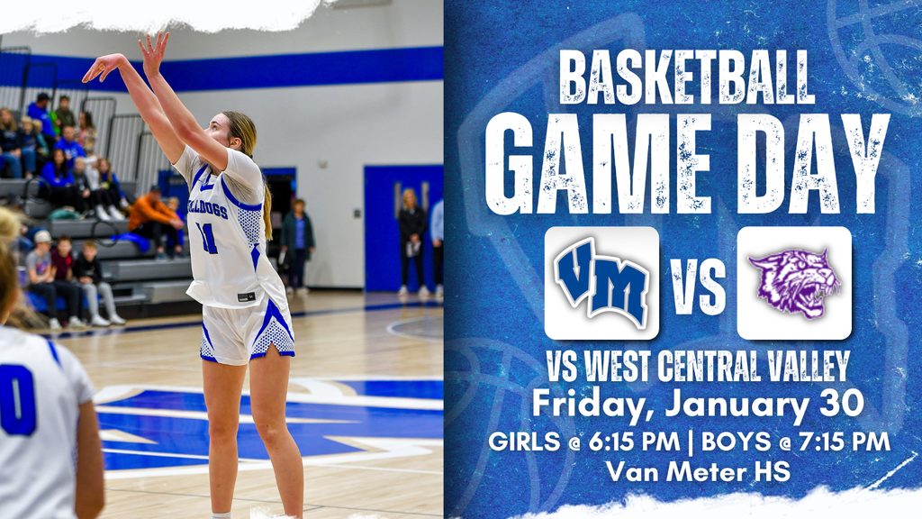 Female basketball player in Van Meter CSD uniform shooting a jump shot during a game in a gymnasium with spectators in the background. Basketball Game Day vs West Central Valley on Friday, January 30. Girls at 6:15 PM and Boys at 7:15 PM at Van Meter HS.