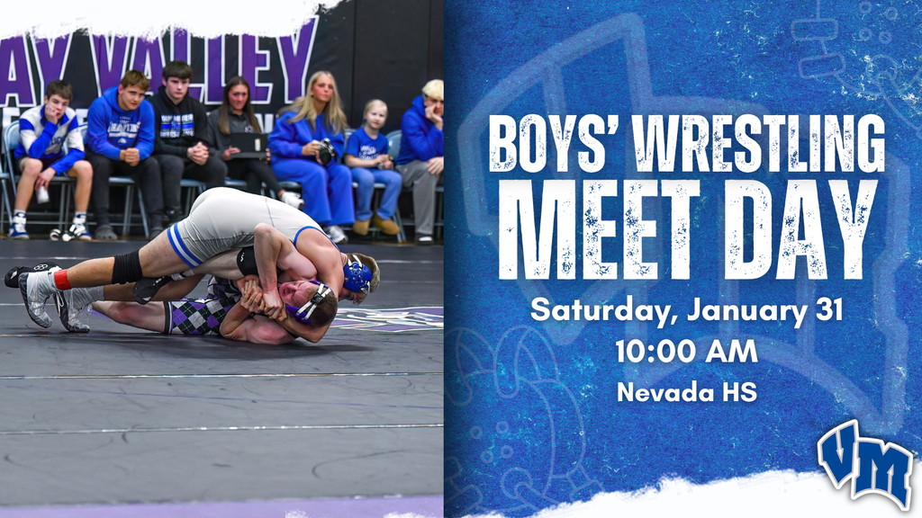 Two high school wrestlers compete on a mat with spectators watching in the background during a wrestling meet. Boys' Wrestling Meet Day on Saturday, January 31 at 10:00 AM at Nevada HS.