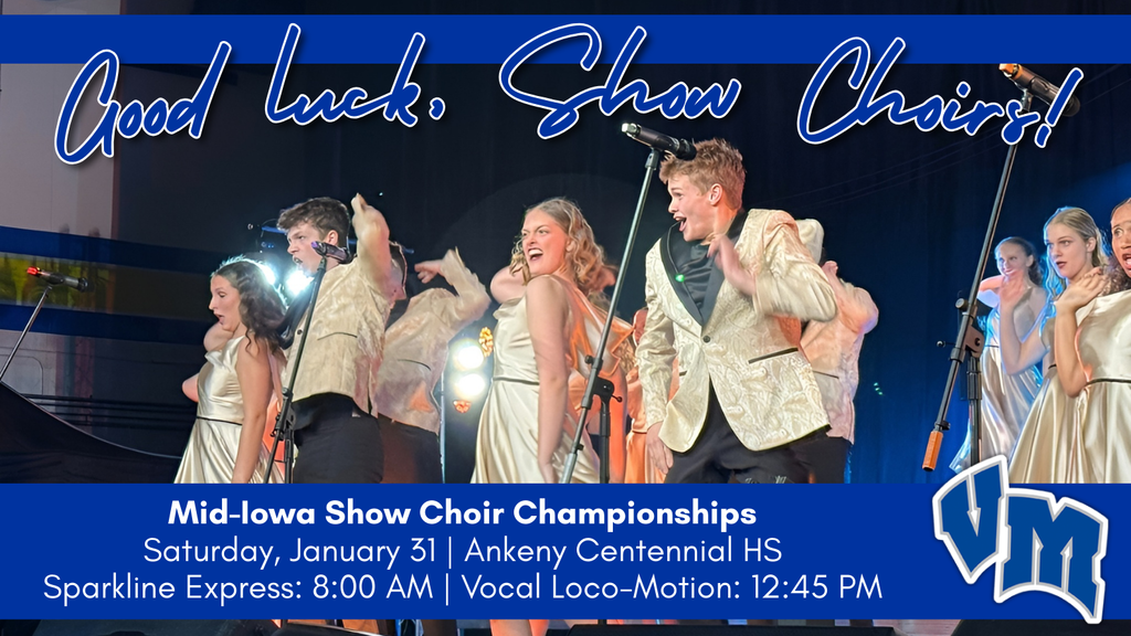 Van Meter show choir performers in gold jackets and white dresses sing energetically on stage under bright lights.