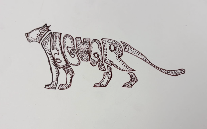 Stylized jaguar illustration with the word 'JAGUAR' creatively integrated into its body shape and spots.