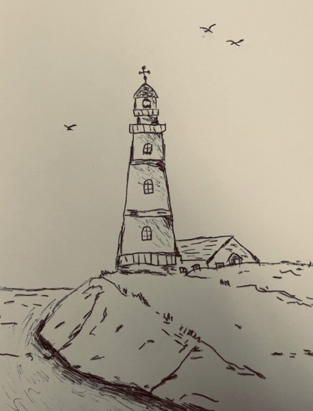 Hand-drawn sketch of a tall lighthouse on a rocky cliff with a small adjacent building and three birds flying overhead.