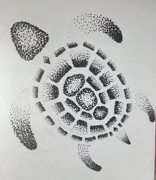 Black and white stippled drawing of a sea turtle with detailed shell patterns and flippers on a plain background.