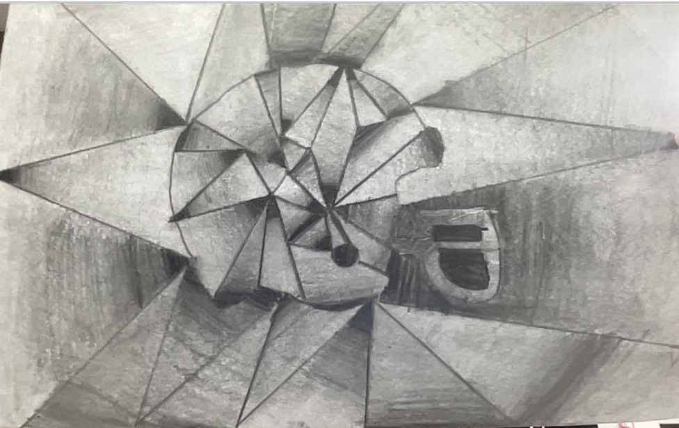 A black and white pencil geometric drawing with shading.