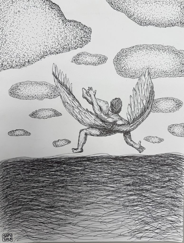 A sketch of a winged figure falling backward from the sky above a textured landscape with scattered clouds.