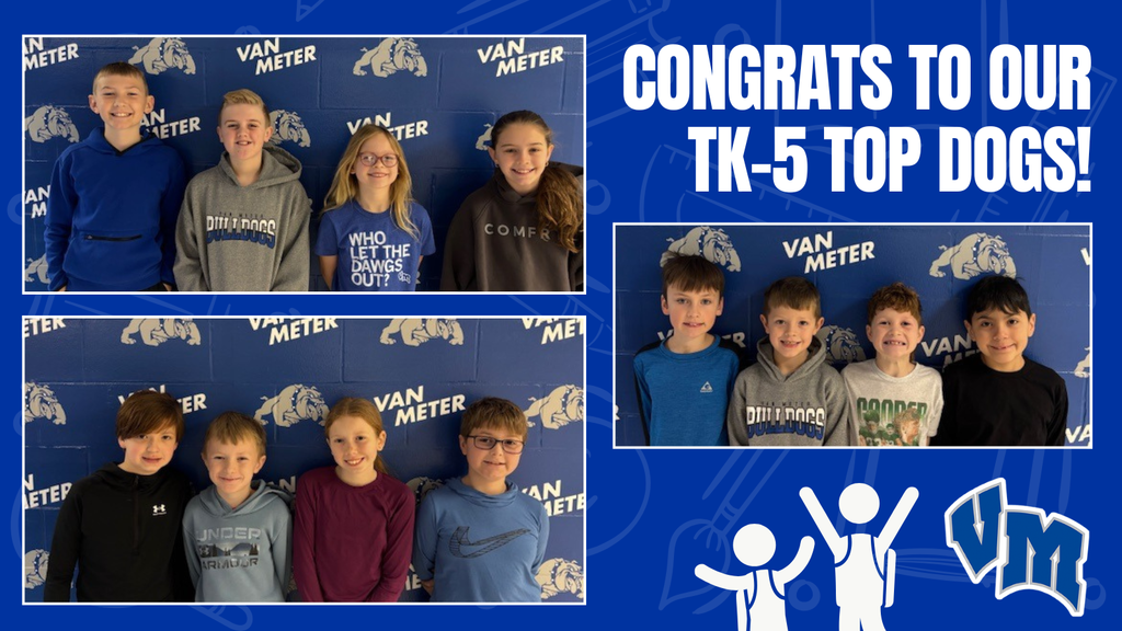 Group of elementary students posing in front of a Van Meter Bulldogs backdrop celebrating TK-5 top achievers.