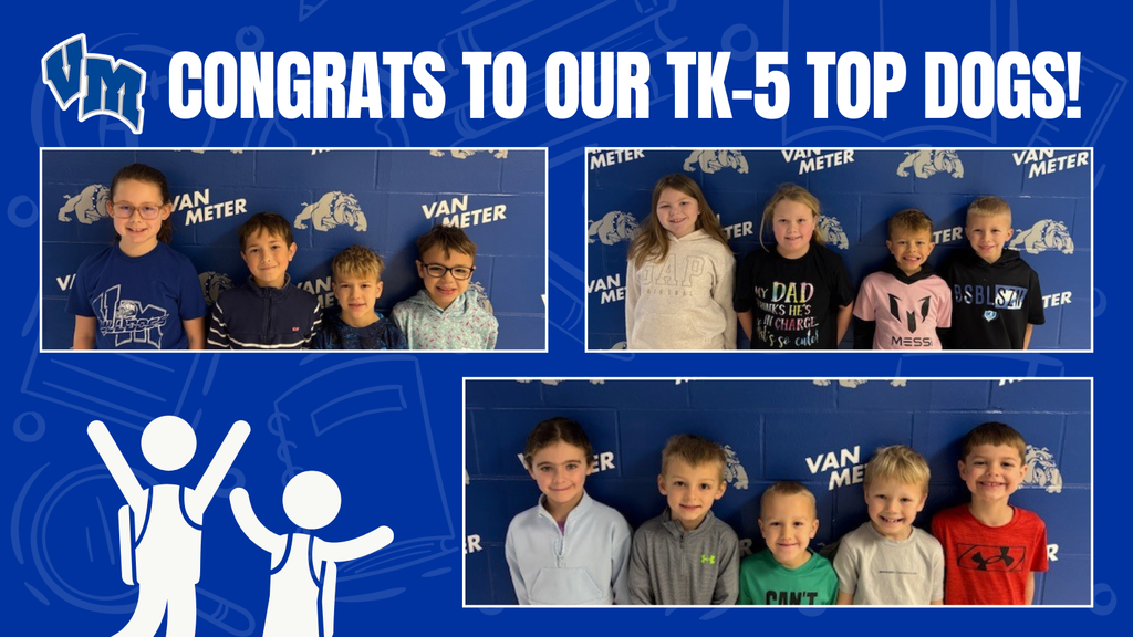Group of young students posing in front of a Van Meter backdrop celebrating TK-5 top achievers.