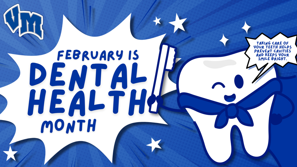Cartoon tooth character winking and holding a toothbrush with text announcing February as Dental Health Month.
