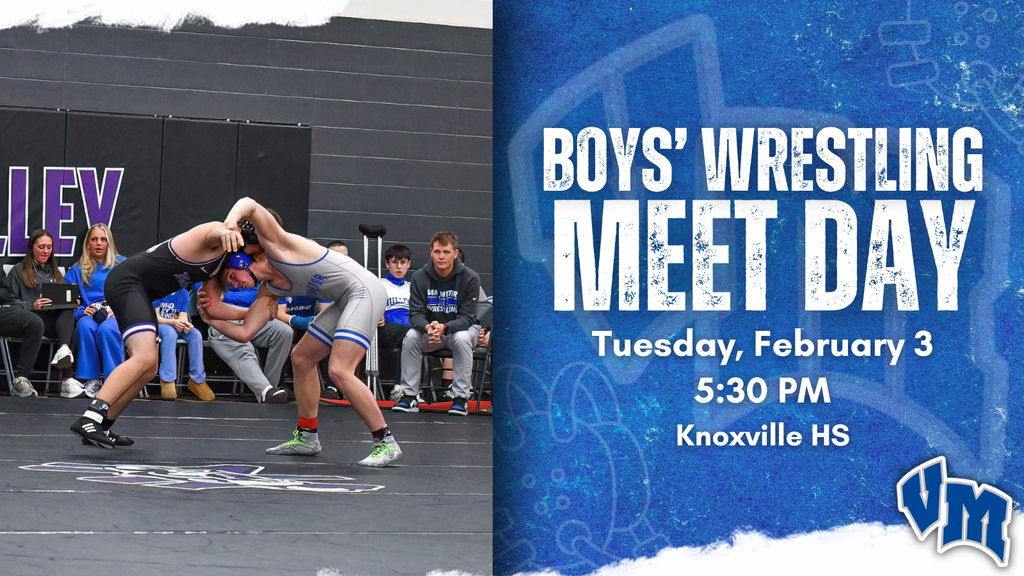 Two high school wrestlers in blue and gray singlets grappling on a mat during a match with spectators in the background. Boys' Wrestling Meet Day on Tuesday, February at 5:30 PM at Knoxville HS.