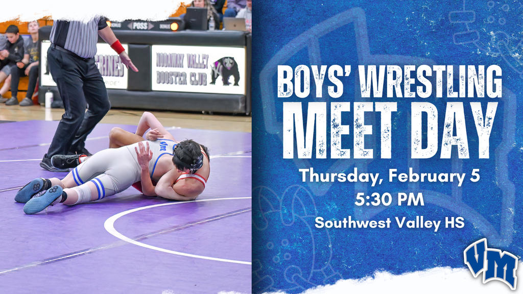 Two high school wrestlers compete on a purple mat during a match with a referee signaling nearby. Boy's Wrestling Meet Day on Thursday, February 5 at 5:30 PM at Southwest Valley HS.