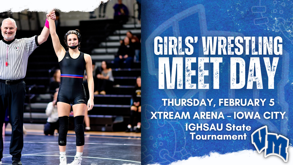 Referee raising the arm of a victorious Van Meter female wrestler in a black singlet during a girls' wrestling meet announcement. Girls' Wrestling Meet Day on Thursday, February 5 and Xtream Arena in Iowa City for the IGHSAU State Tournament.