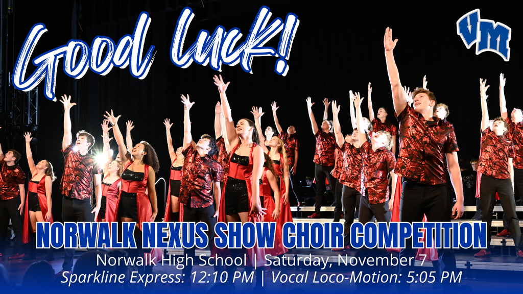 Van Meter Show Choir members in red and black outfits perform with arms raised on stage under bright lights. They will be performing at the Norwalk Nexus Show Choir Competition on Saturday, November 7.