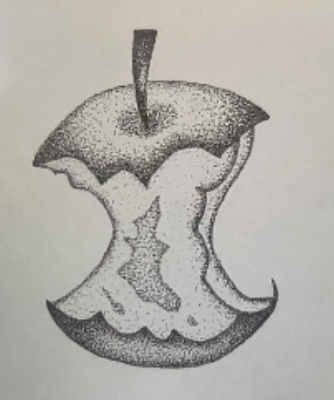 Detailed black and white stippled drawing of a partially eaten apple core with a visible stem.