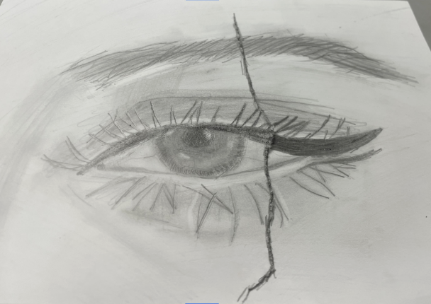 Detailed pencil sketch of a human eye with long eyelashes and a crack running vertically through the drawing.