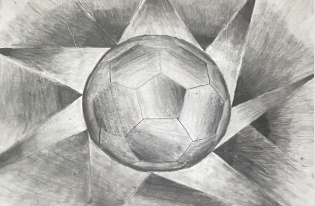 Detailed pencil sketch of a soccer ball appearing to float above a geometric star-shaped background with shaded facets.