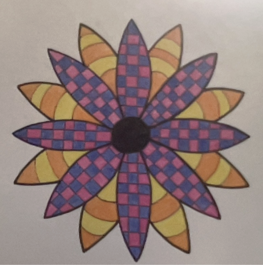 Colorful flower with alternating petals, inner petals feature a pink and blue checkerboard pattern, outer petals have yellow and orange stripes.