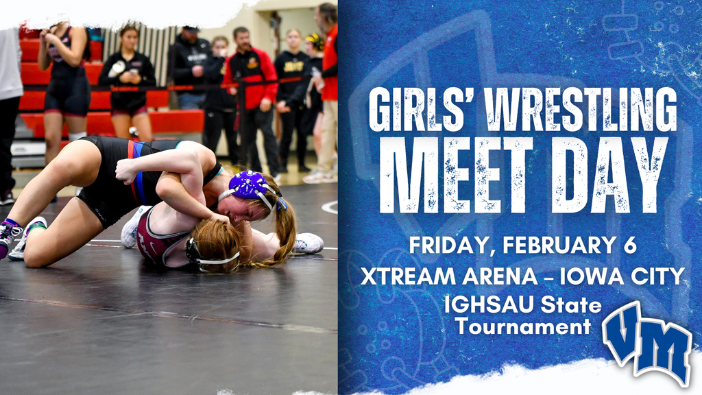 Two female wrestlers competing intensely on a mat during a girls' wrestling meet with spectators in the background. Girls' Wrestling Meet Day on February 6 at Xtream Arena in Iowa City for Day 2 of the IGHSAU State Tournament.