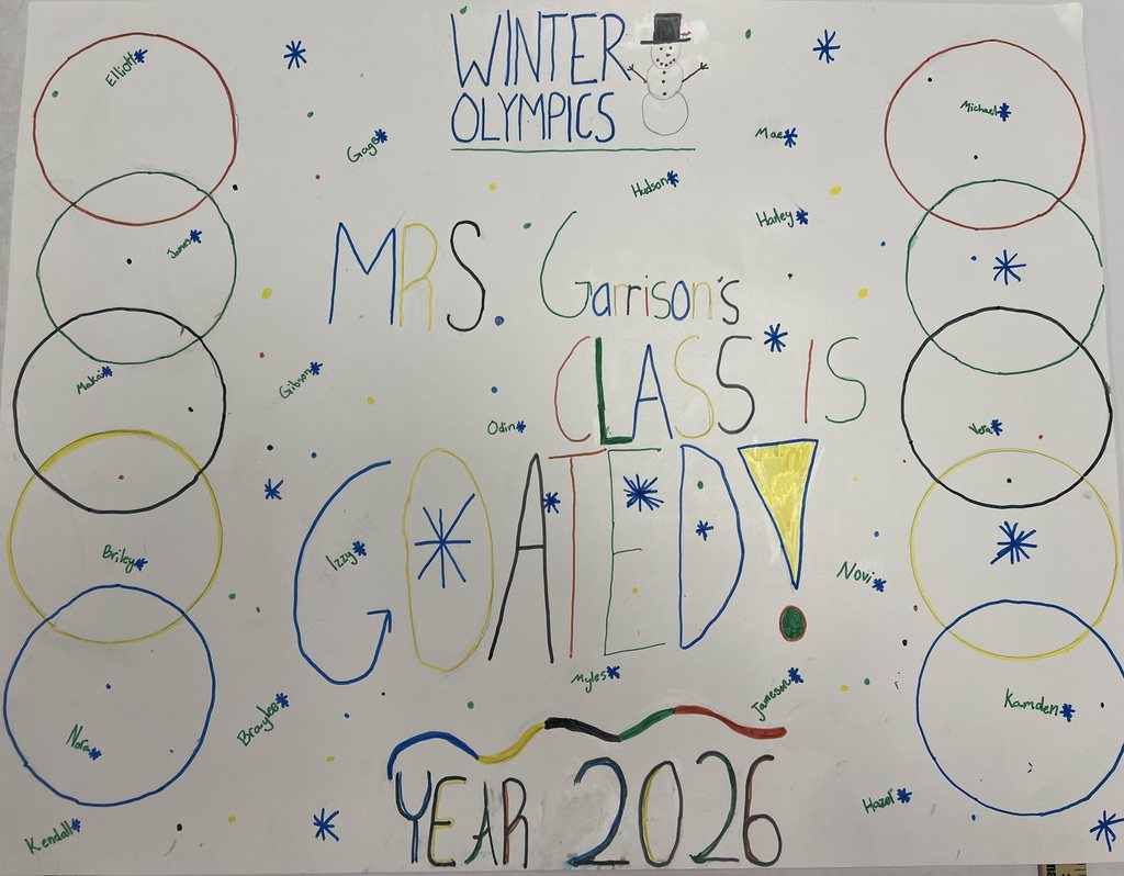 Hand-drawn poster announcing Mrs. Garison's class goal to win the Winter Olympics in 2026 with colorful rings and student names.