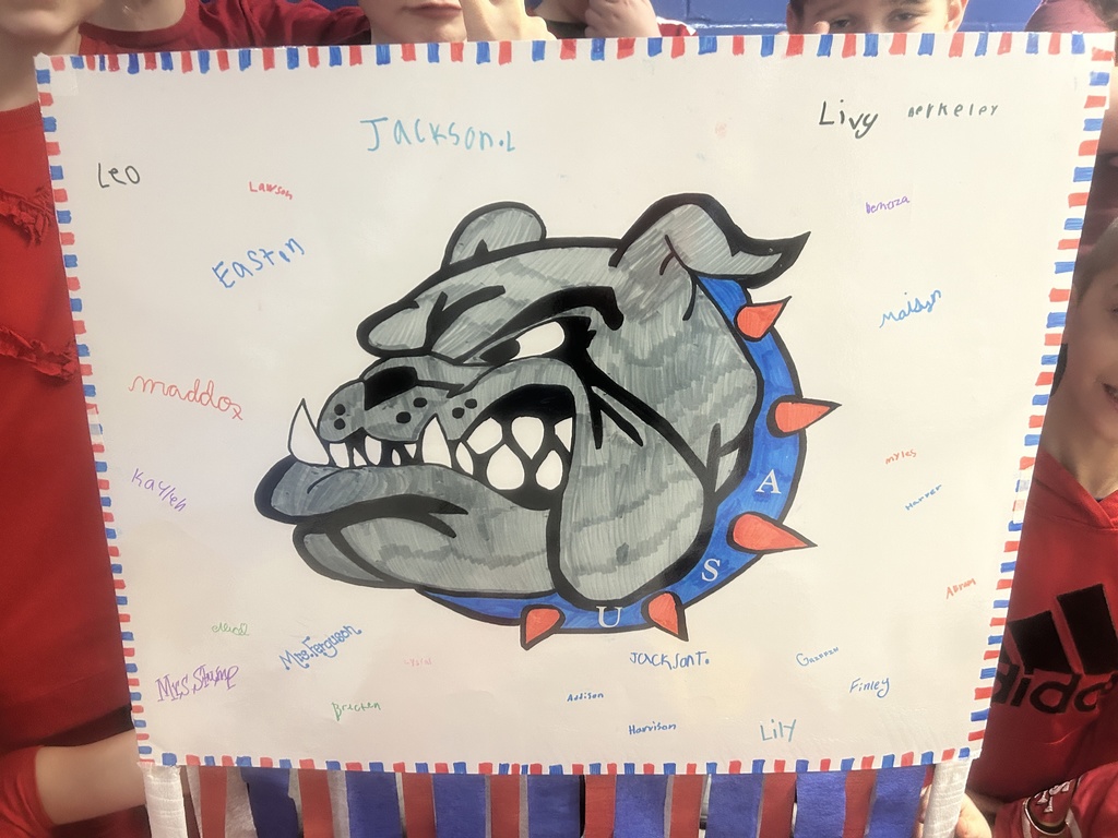 A handrawn picture of the Van Meter Bulldog on a white poster with a red and blue border.