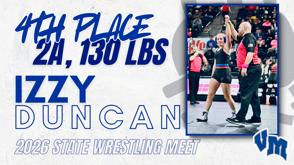 Wrestler Izzy Duncan celebrating with referee raising her hand after placing 4th at 130 lbs in 2026 state wrestling meet.