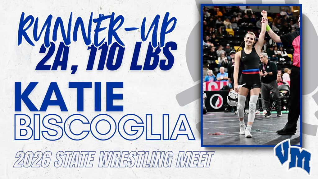 Wrestler Katie Biscoglia in black singlet has her arm raised as runner-up at 2026 2A 110 lbs state wrestling meet.